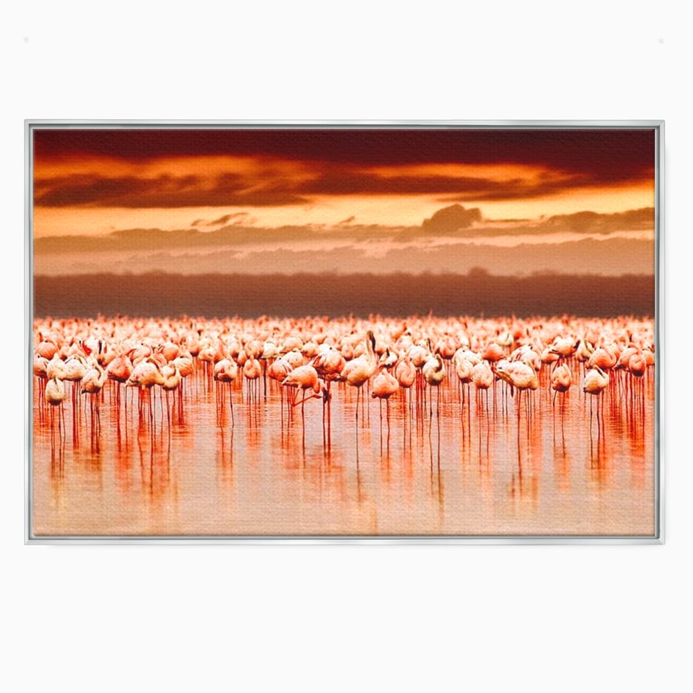 Tablou canvas cu tablou canvas cu stol de flamingo la apus, in rama de aluminiu argintiu